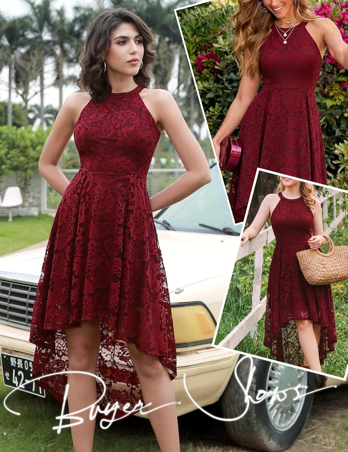 Women'S Halter Floral Lace Cocktail Party Dress Hi-Lo Bridesmaid Dress