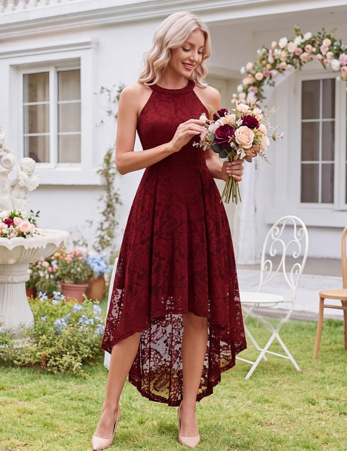 Women'S Halter Floral Lace Cocktail Party Dress Hi-Lo Bridesmaid Dress