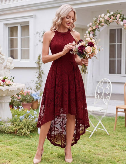 Women'S Halter Floral Lace Cocktail Party Dress Hi-Lo Bridesmaid Dress