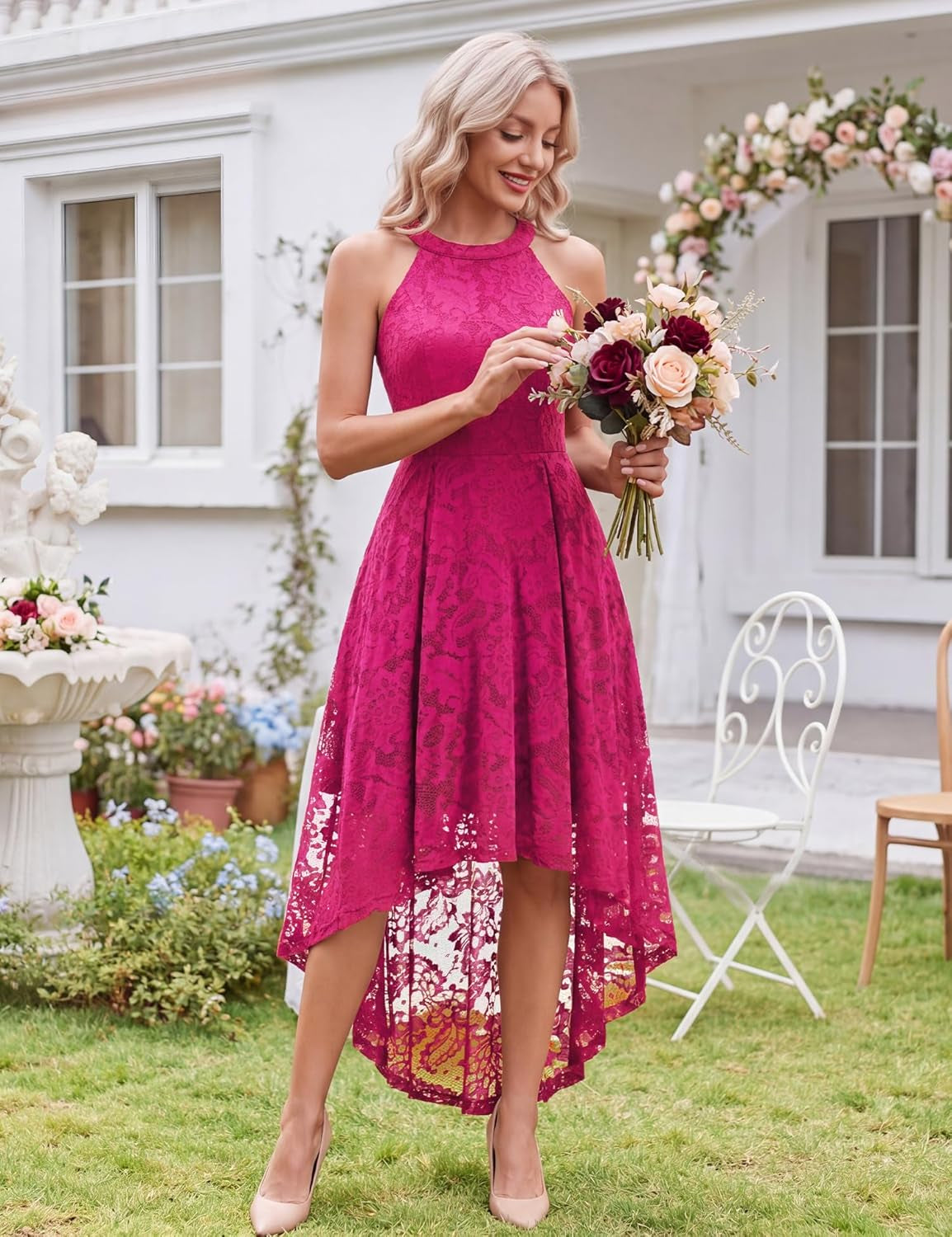 Women'S Halter Floral Lace Cocktail Party Dress Hi-Lo Bridesmaid Dress