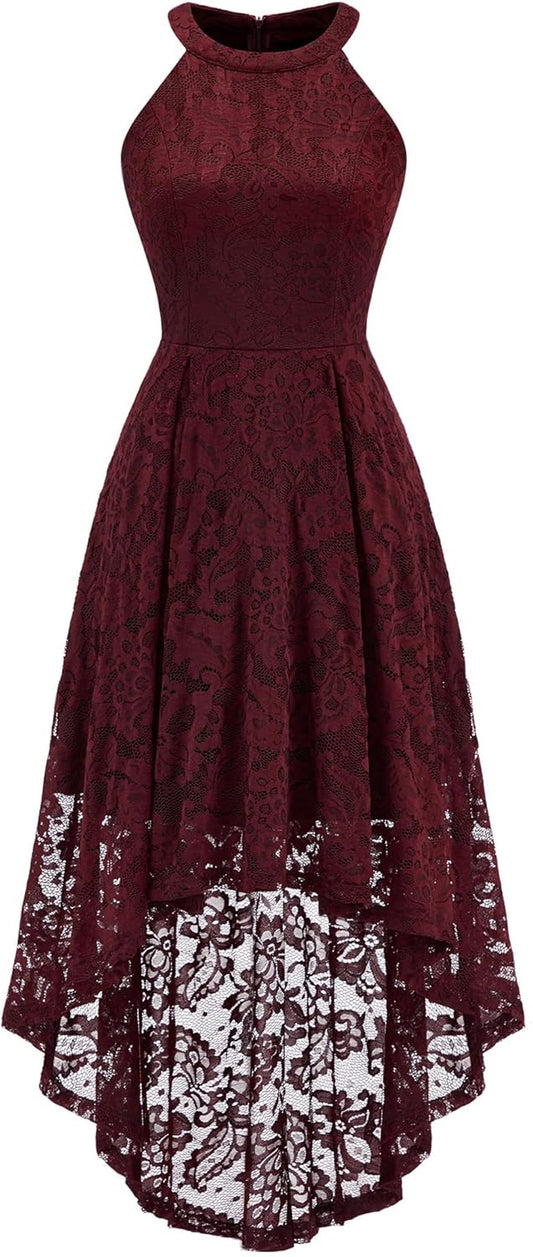 Women'S Halter Floral Lace Cocktail Party Dress Hi-Lo Bridesmaid Dress